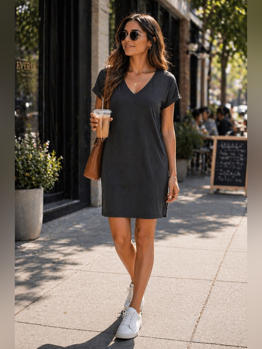 Majestic Filatures Cupro Tee Shirt Dress | Dark Taupe V-Neck Minimal Chic Size S